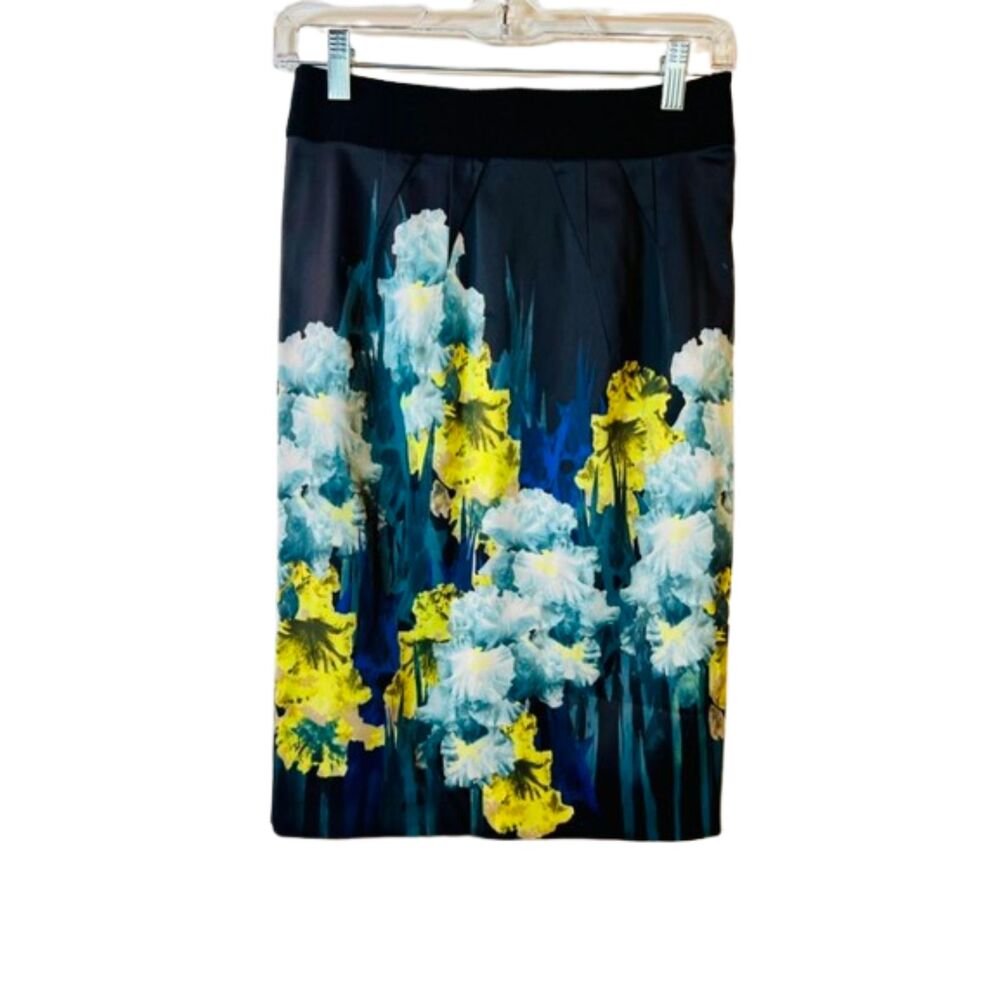 Karen Millen Floral Pencil Skirt Blue Yellow White Stretch Waist US 6 EU 38